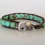 Elephant Leather Wrap Bracelet, Green Magnesite..