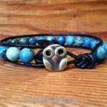 Christmas Owl Leather Wrap Bracelet, African Blue..