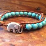 Elephant Leather Wrap Bracelet, Blue Magnesite..