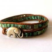 Lucky Elephant Wrap Bracelet, African Turquoise & Malachite Cube Bead Bracelet