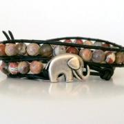  Silver Leaf Jasper Elephant Wrap Bracelet, Good Luck Elephant Button, Roll Tide, Alabama