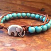  Elephant Leather Wrap Bracelet, Blue Magnesite Wrap Bracelet, Stackable, Good Luck Elephant Button