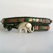 Lucky Elephant Double Wrap Bracelet, Fancy Jasper Cube Bead Bracelet, Christmas gift idea 