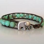  Elephant Leather Wrap Bracelet, Green Magnesite Wrap Bracelet, Stackable, Good Luck Elephant Button