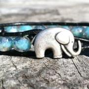 Elephant Bracelet, Good Luck Elephant, Blue Green Czech Glass Beads, Christmas Gift