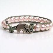 CHRISTMAS SALE Lucky Elephant Pearl Wrap Bracelet, Lucky Elephant button, Christmas Gift