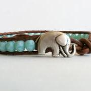 CHRISTMAS SALE Elephant Bracelet, Good Luck Elephant, Turquoise Czech Glass Beads, Chan Luu Style