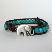 Elephant Bracelet, Good Luck Elephant, GreenTurquoise Czech Glass Beads, Chan Luu Style