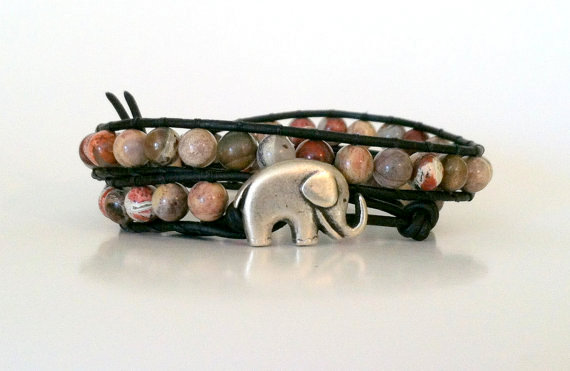Silver Leaf Jasper Elephant Wrap Bracelet, Good Luck Elephant Button, Roll Tide, Alabama