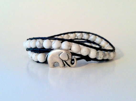 Elephant Leather Double Wrap Bracelet - Good Luck Elephant Button -white Howlite