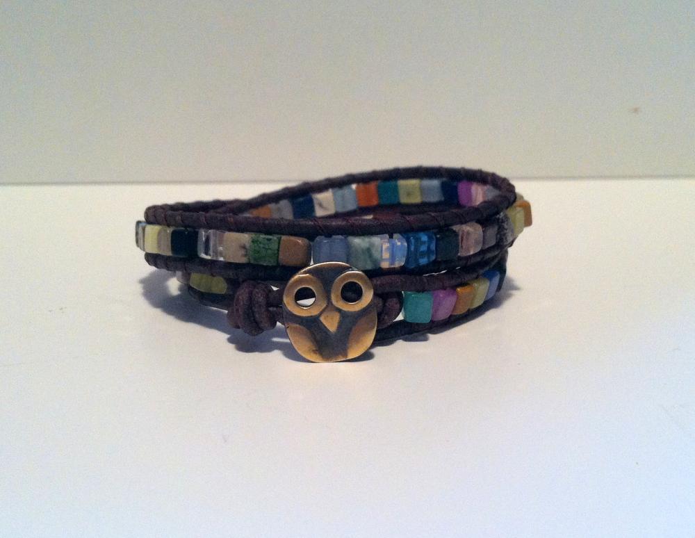 Lucky Owl Leather Wrap Bracelet, Multiple Stone Beaded Bracelet, Chan Luu Style