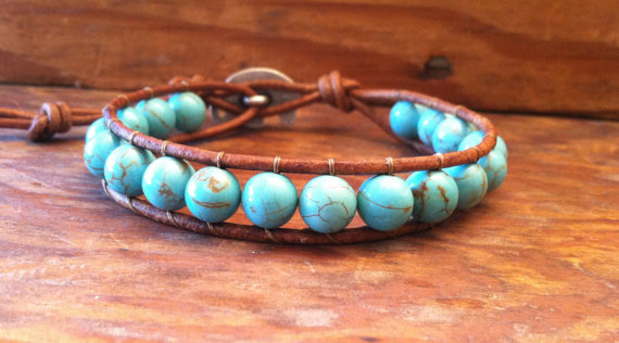 Elephant Leather Wrap Bracelet, Blue Magnesite Wrap Bracelet, Stackable ...