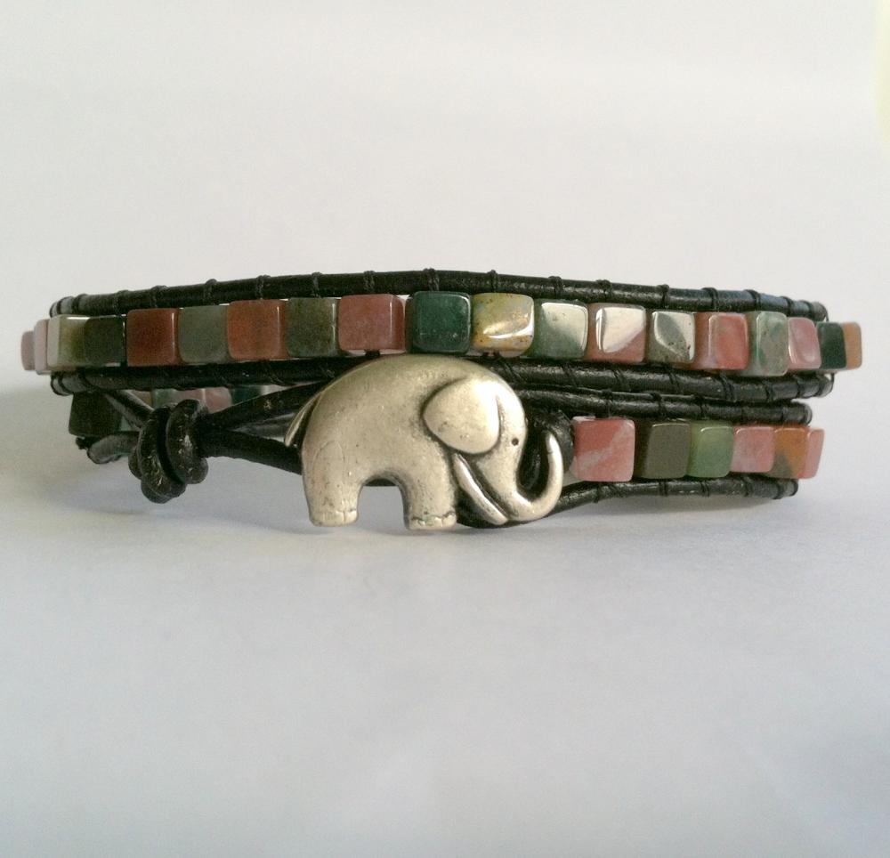 Lucky Elephant Double Wrap Bracelet, Fancy Jasper Cube Bead Bracelet, Christmas Gift Idea