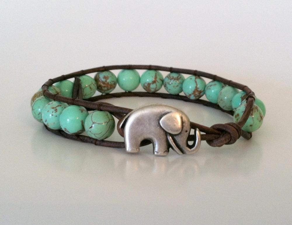 Elephant Leather Wrap Bracelet, Green Magnesite Wrap Bracelet, Stackable, Good Luck Elephant Button