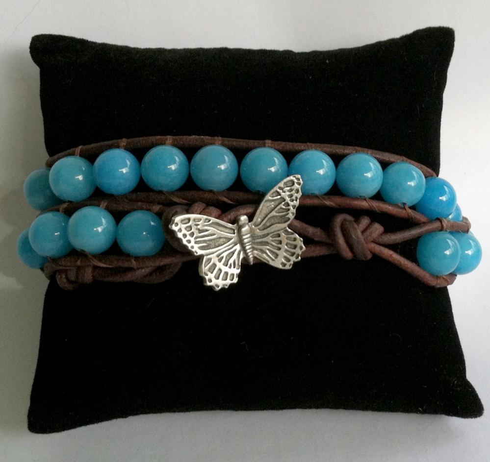 Blue Jade Butterfly Leather Bracelet,chan Luu, Beaded Wrap Bracelet, Christmas Gift