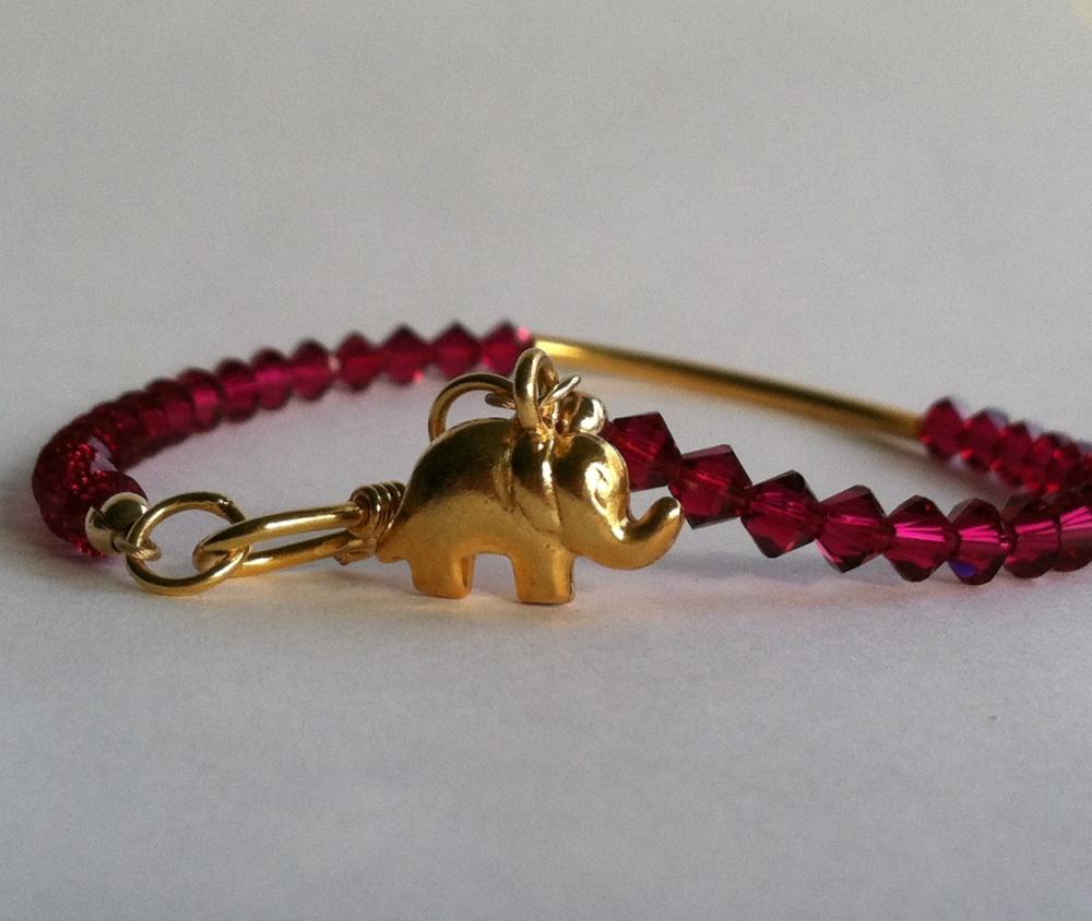 Lucky Elephant Charm Bracelet, Ruby Red And Vermeil Gold Bracelet, Christmas Gift Idea