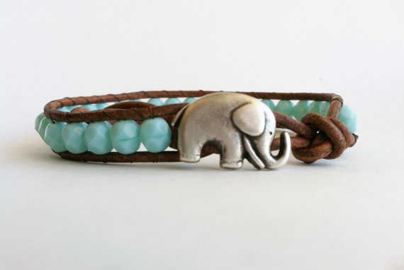 Christmas Elephant Bracelet, Good Luck Elephant, Turquoise Czech Glass Beads, Chan Luu Style