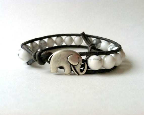 Elephant Leather Wrap Bracelet, White Howlite Wrap Bracelet, Lucky Elephant Bracelet