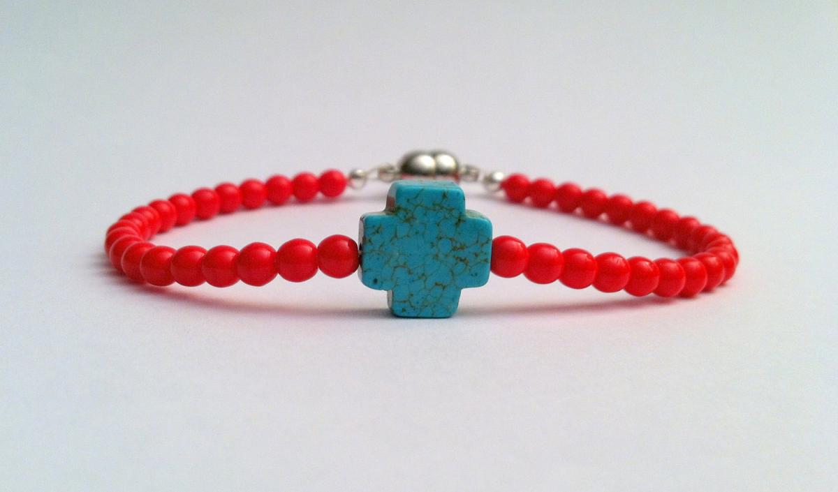 Christmas Sideways Turquoise Blue Stone Cross Bracelet With Red Czech Glass Beads, Magnetic Closure
