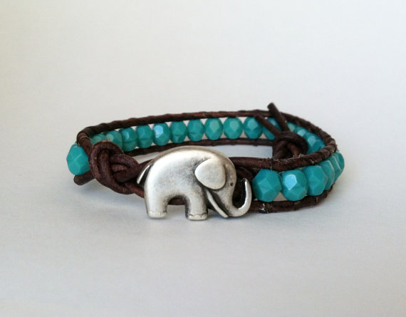 Elephant Bracelet, Good Luck Elephant, Greenturquoise Czech Glass Beads, Chan Luu Style